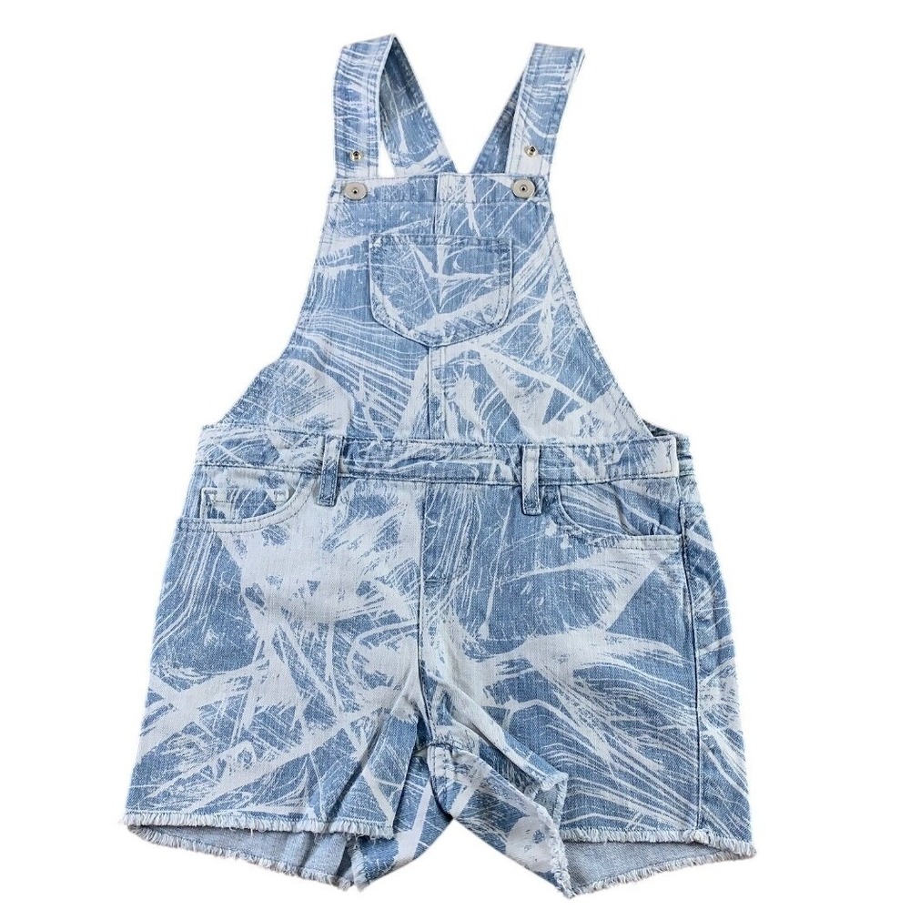 The Childrens Place Girls Blue Abstract Palm Print Denim Shortalls Size 6X/7 NWT